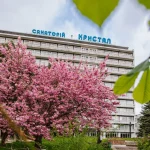 Санаторій Кристал у Трускавці весняний пейзаж з квітучою рослинністю