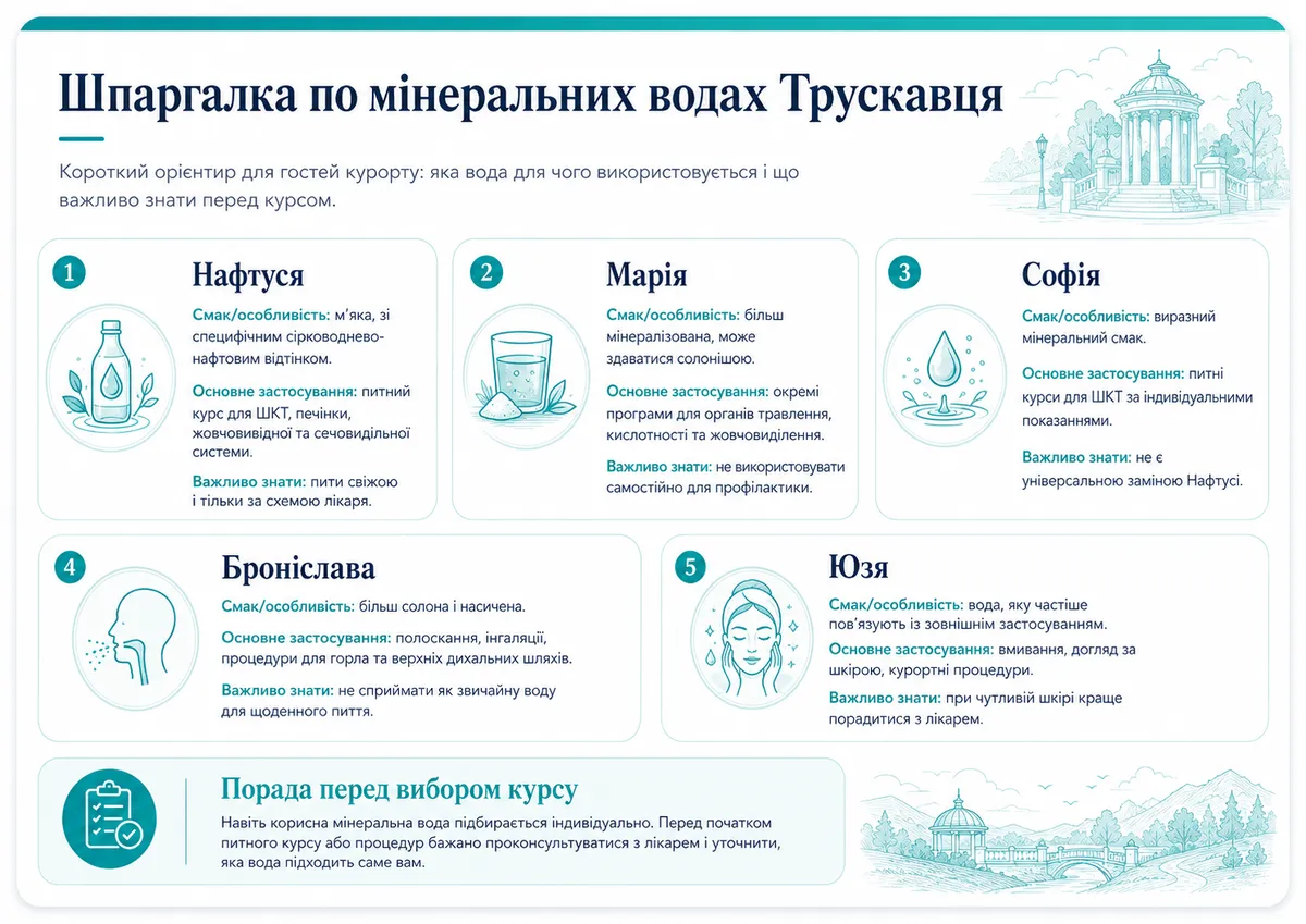 Інфографіка: шпаргалка по мінеральних водах Трускавця — Нафтуся, Марія, Софія, Броніслава та Юзя, їх основне застосування та важливі примітки.