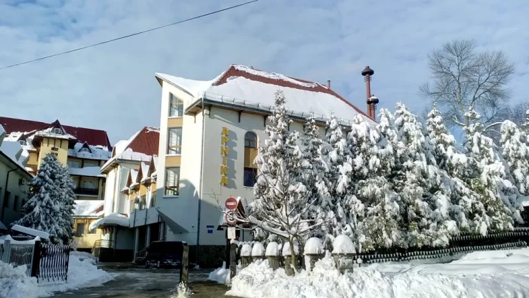 Санаторій «Арніка» у Трускавці взимку, будівля та засніжені дерева