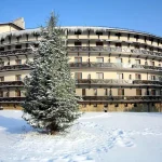 Готель «Шале-Грааль» у Трускавці взимку із засніженою ялиною на передньому плані