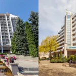 Санаторії Бескид та Дніпро у Трускавці сучасні будівлі з квітниками та деревами