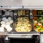 Три секції з вареними яйцями, рисом з овочами та тушкованими овочами в ресторані готелю у Трускавці