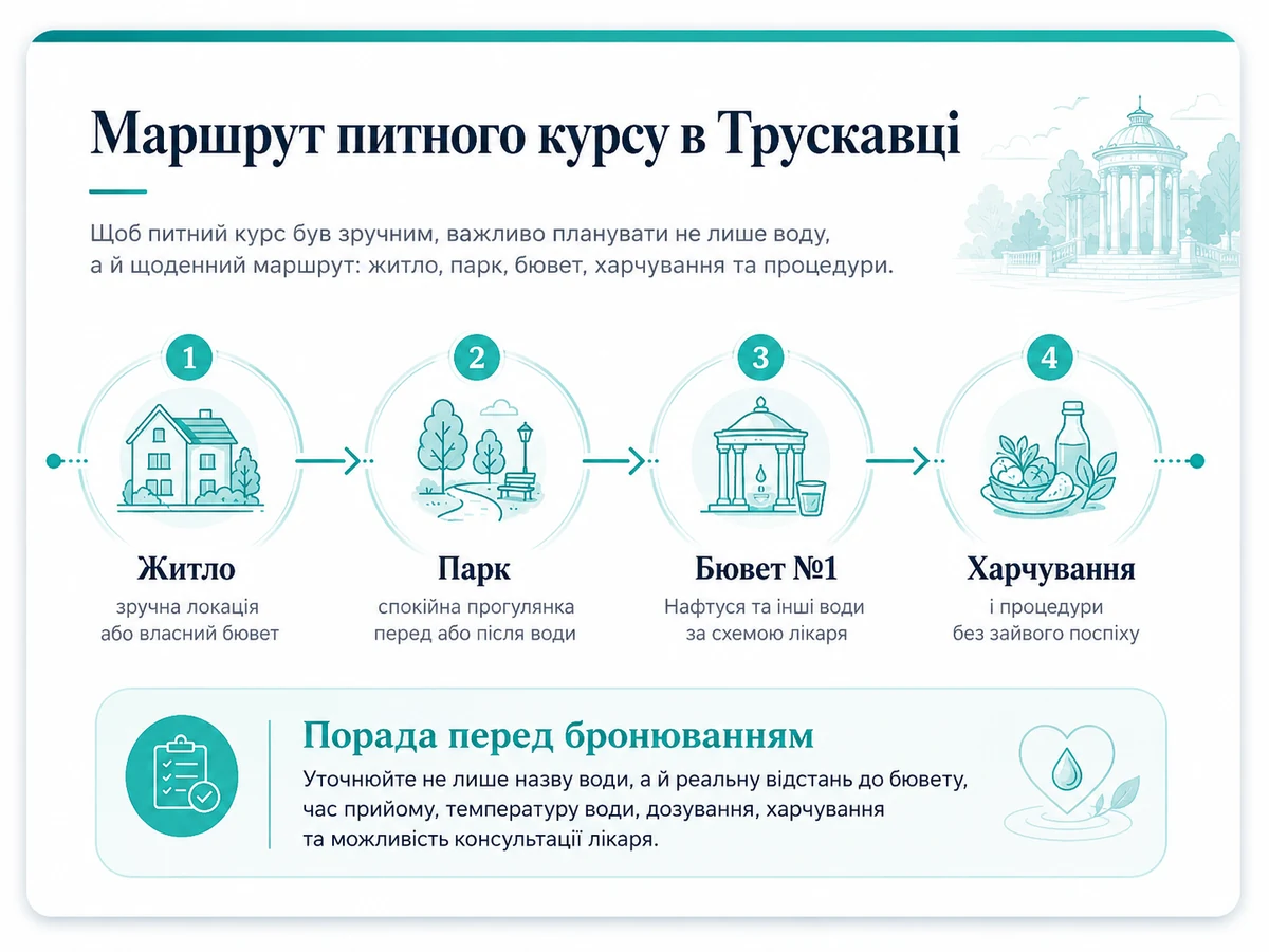 Схема маршруту житло парк бювет харчування для питного курсу в Трускавці
