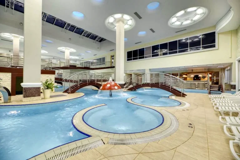 Критий басейн з водоспадом-грибом і містками в курортному комплексі Rixos-Прикарпаття Трускавець